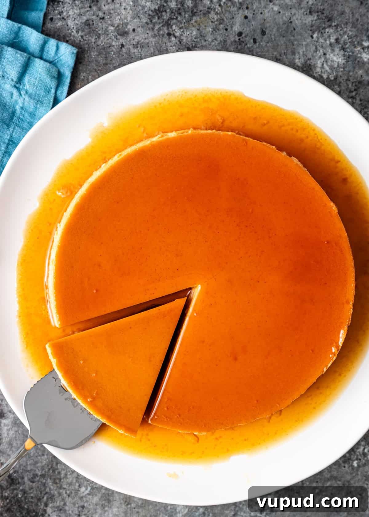 overhead: removing a slice of my flan recipe