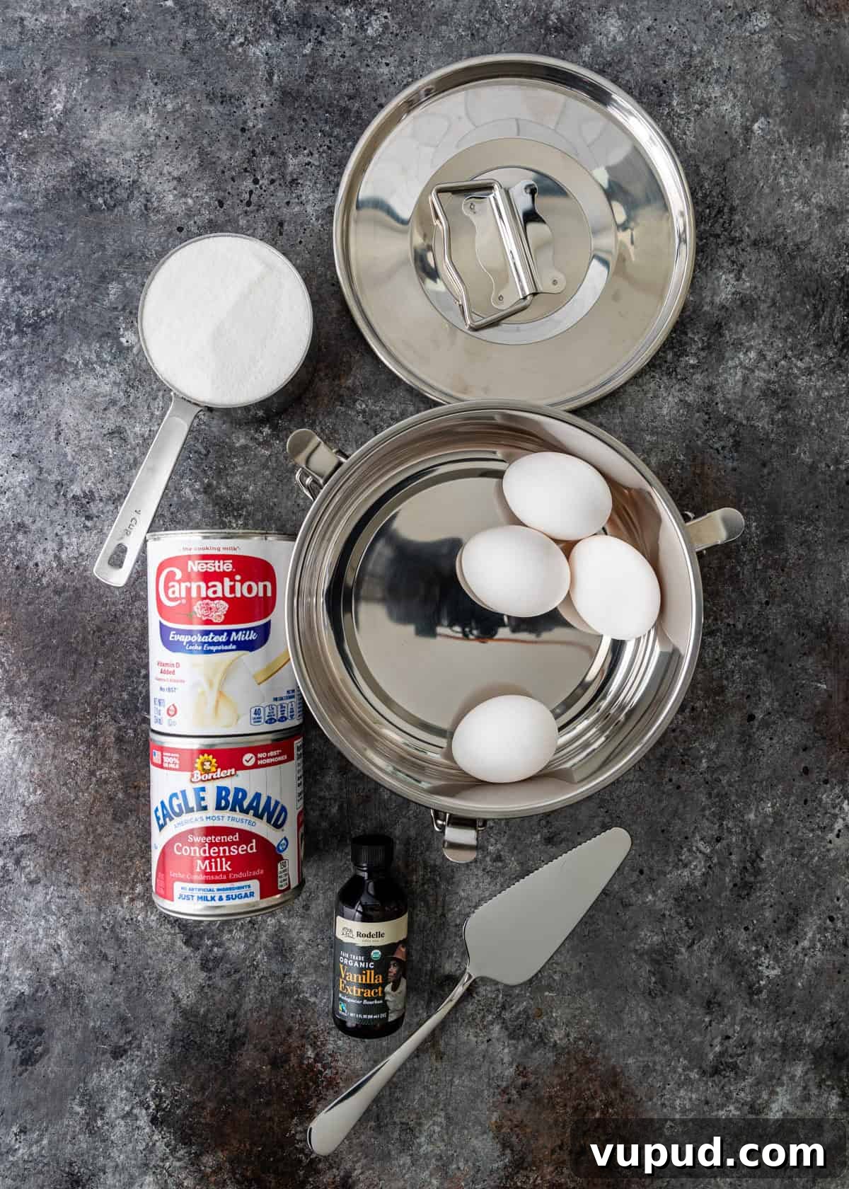 overhead: ingredients needed to make my flan recipe