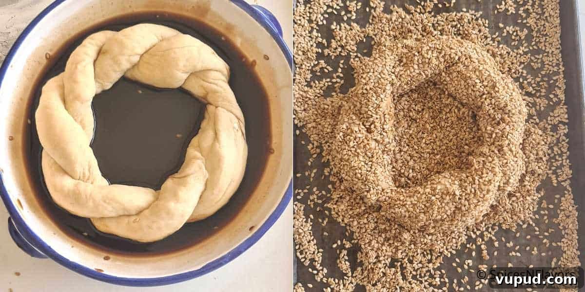 How to Make Turkish Simit: Crispy Bagel-Style Bread Recipe 9 coat proofed bread dough with molasses and sesame seeds mixture