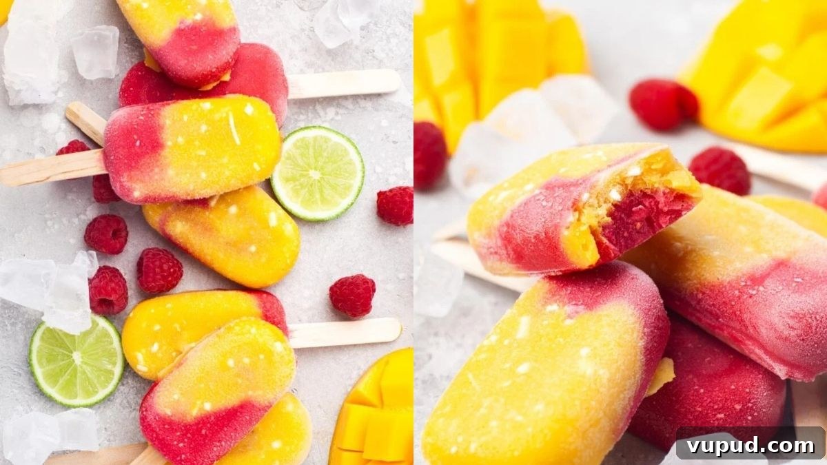 15 Favorite Frozen Treats for Summer: Cool Ideas to Beat the Heat 10 Mango raspberry popsicles laid out on baord on counter.