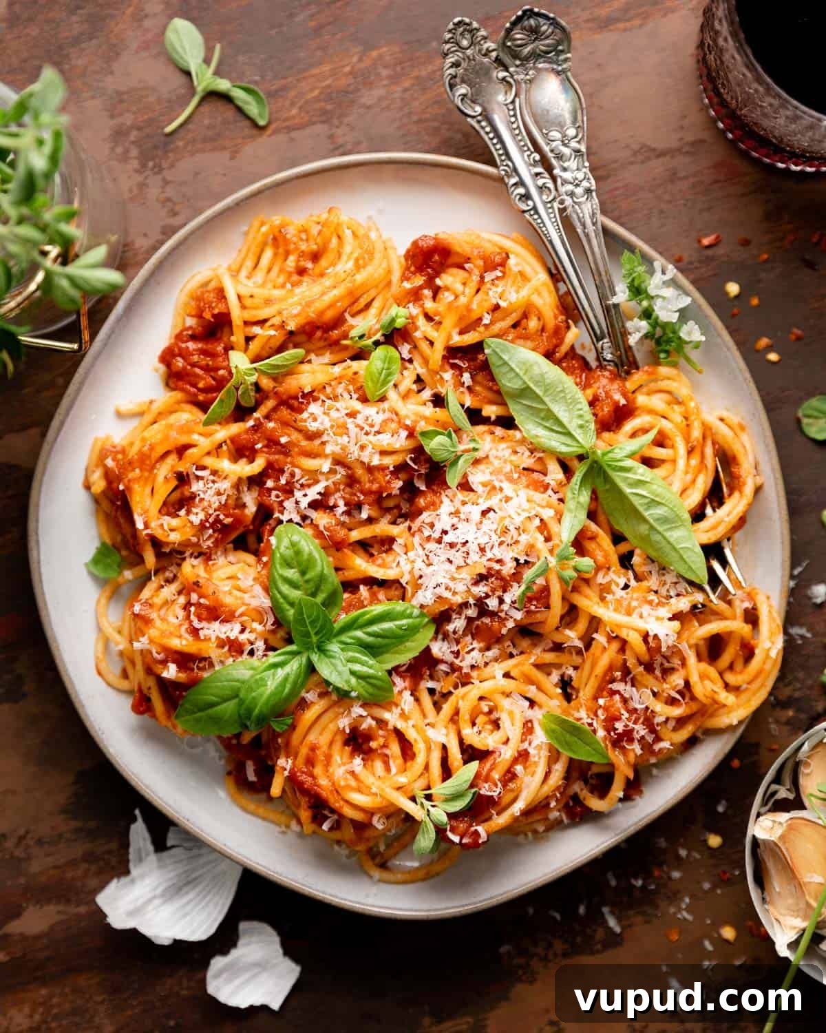 Rich Homemade Marinara Sauce Recipe for Pasta & Pizza 2 overhead of sauce on spaghetti