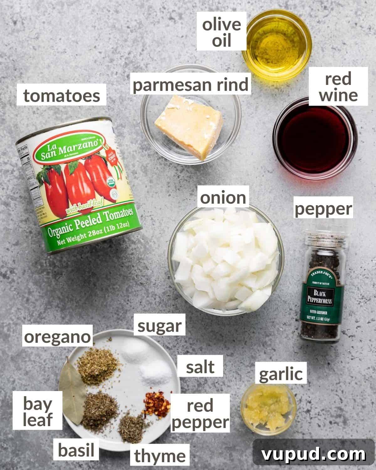 Rich Homemade Marinara Sauce Recipe for Pasta & Pizza 3 overhead of ingredients