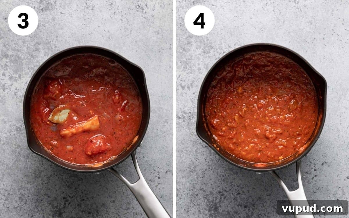 Rich Homemade Marinara Sauce Recipe for Pasta & Pizza 5 steps 3 & 4 sauce before simmering sauce after reducing with bay leaf and rind removed