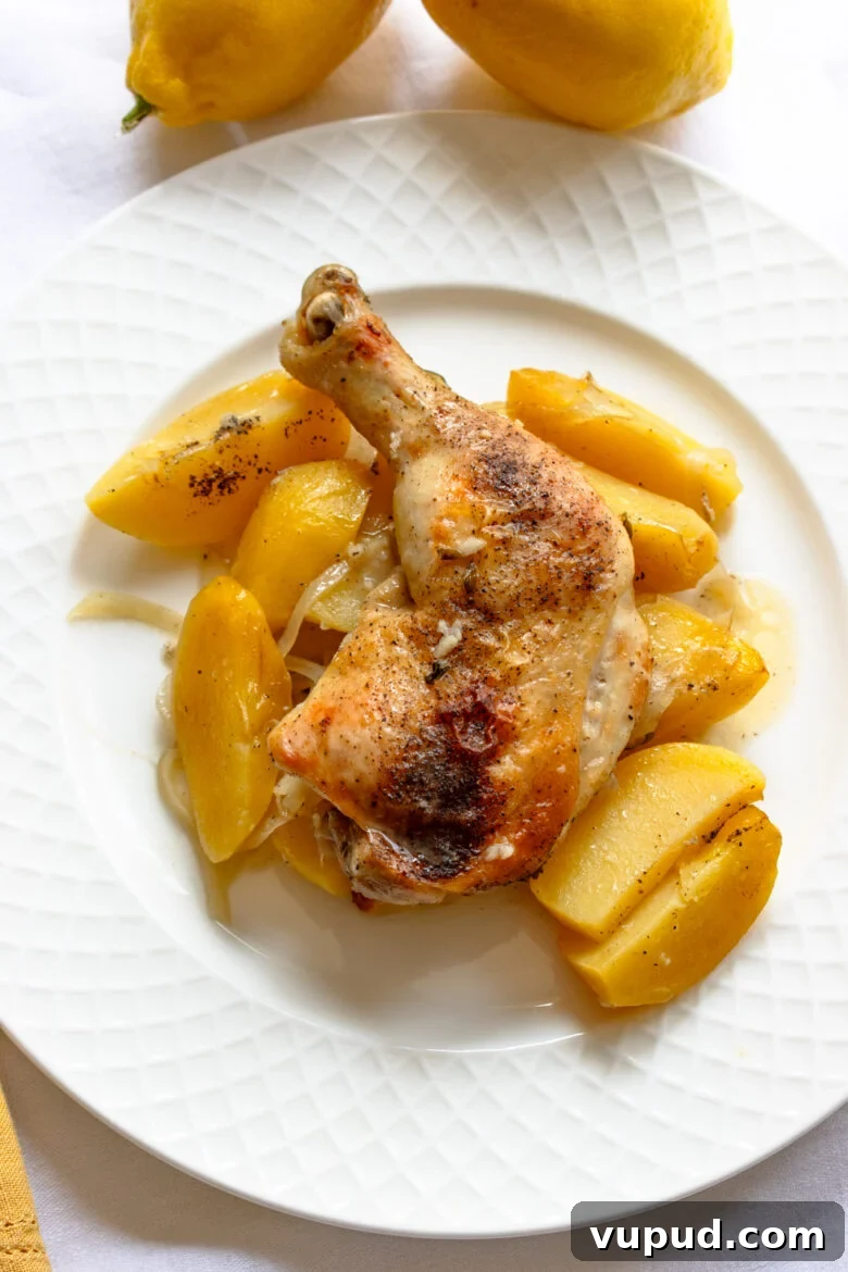 Authentic Greek Lemon Chicken Recipe with Crispy Roast Potatoes 2 Greek lemon chicken served on a white dish.