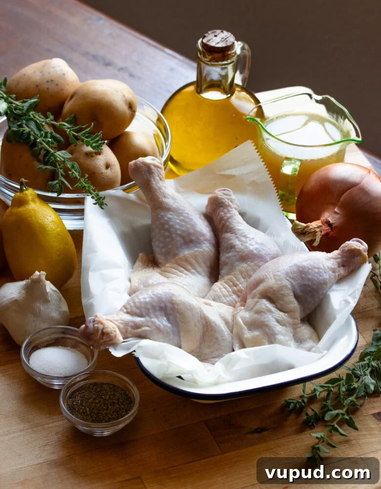 Authentic Greek Lemon Chicken Recipe with Crispy Roast Potatoes 4 Ingredients needed to make this greek lemon chicken and potattoes.