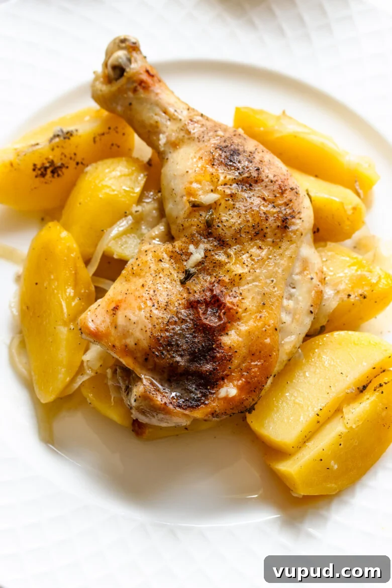 Authentic Greek Lemon Chicken Recipe with Crispy Roast Potatoes 9 Greek lemon chicken and potatoes served on a cream white plate.
