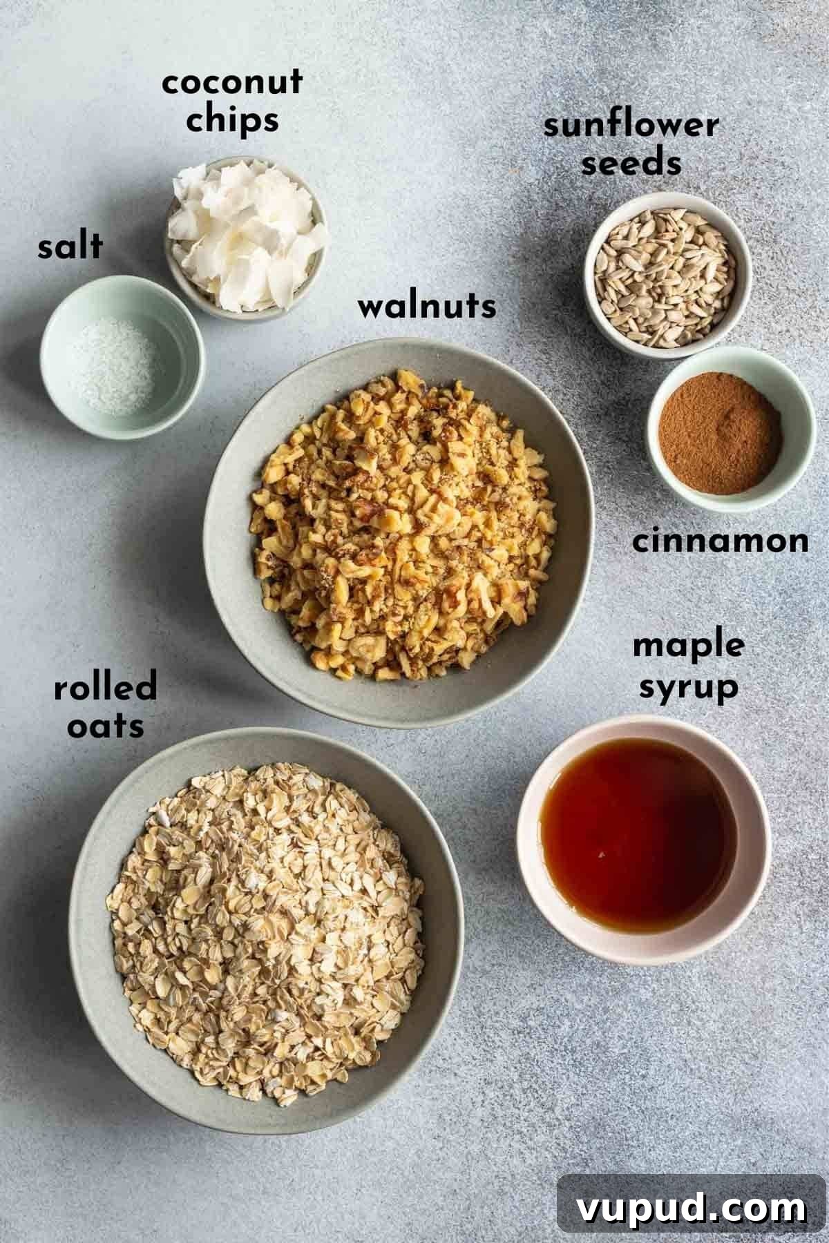 Maple Walnut Granola Recipe: Crunchy Homemade Clusters 3 Ingredients to make this maple granola recipe arranged individually and labelled.