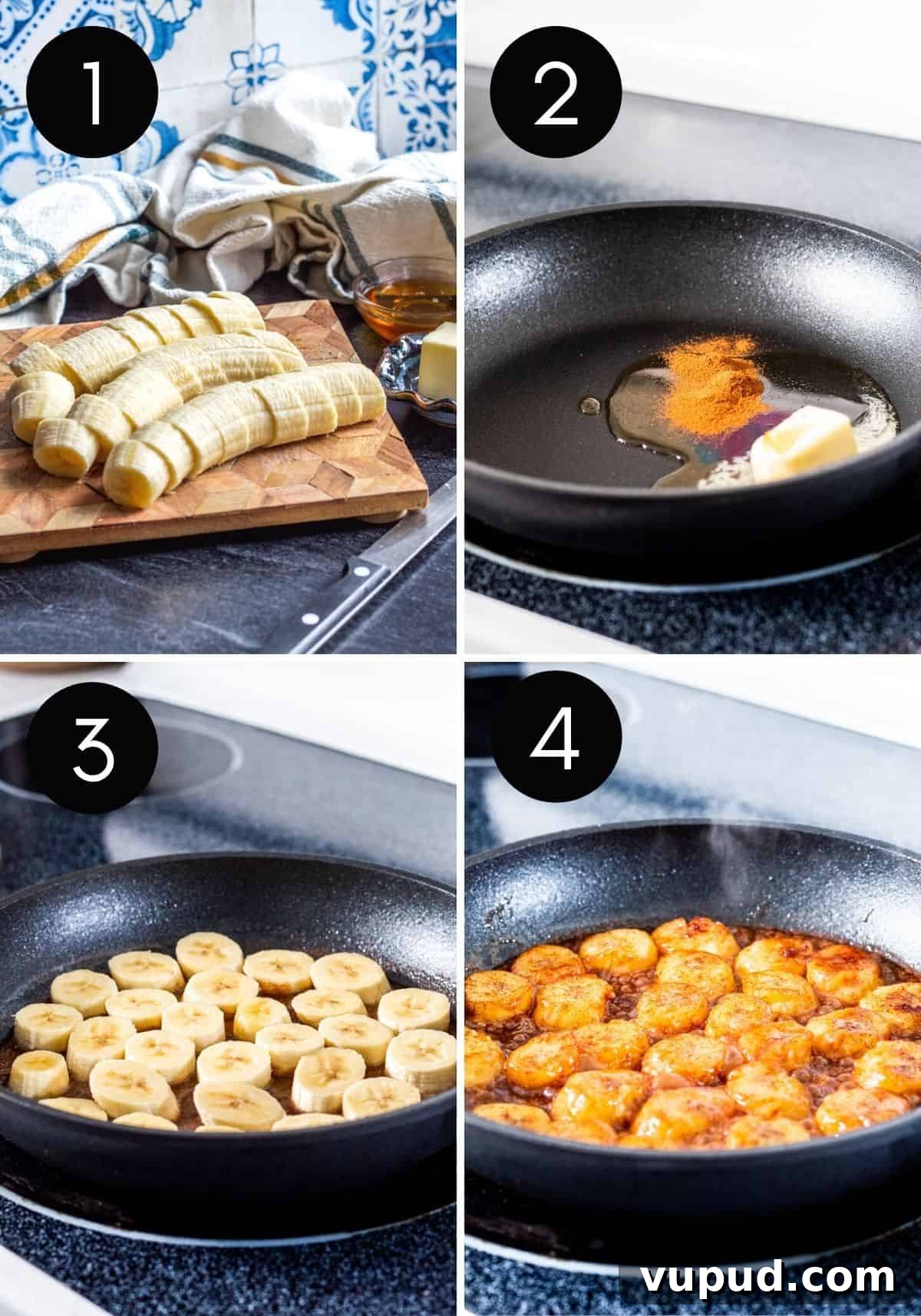 Pan-Fried Cinnamon Bananas with Maple Glaze Recipe 4 Four image prep collage showing sliced bananas and bananas being fried in pan.