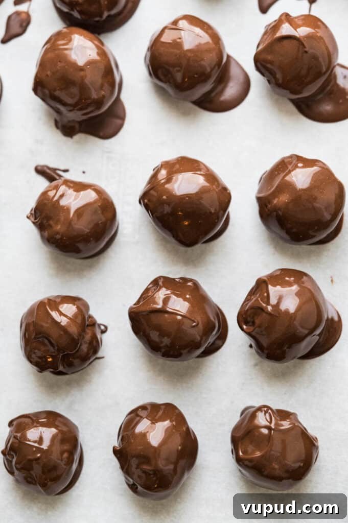 No-Bake Peanut Butter Rice Krispie Balls Dipped in Dark Chocolate 12 Chocolate-dipped peanut butter balls on a piece of parchment paper.