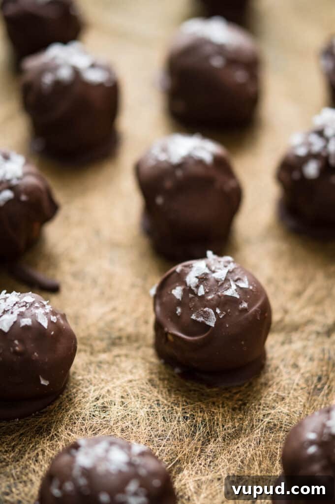 No-Bake Peanut Butter Rice Krispie Balls Dipped in Dark Chocolate 14 Old-fashioned peanut butter balls on a gold background for Christmas and the holidays.