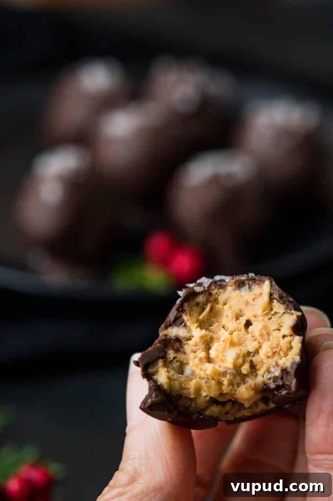No-Bake Peanut Butter Rice Krispie Balls Dipped in Dark Chocolate 16 taking a bite out of the old fashioned peanut butter balls.