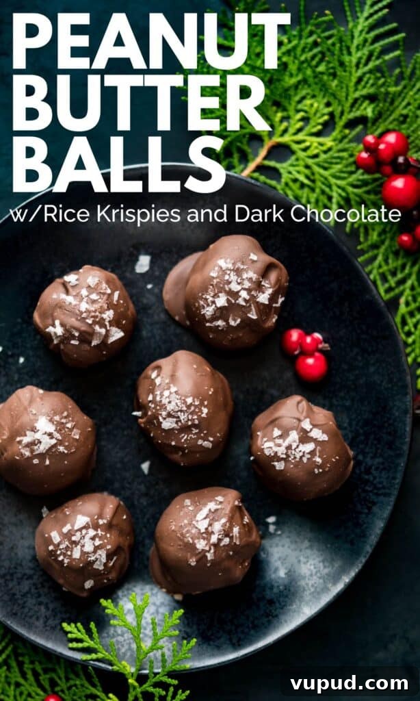No-Bake Peanut Butter Rice Krispie Balls Dipped in Dark Chocolate 18 a pin to save for later.