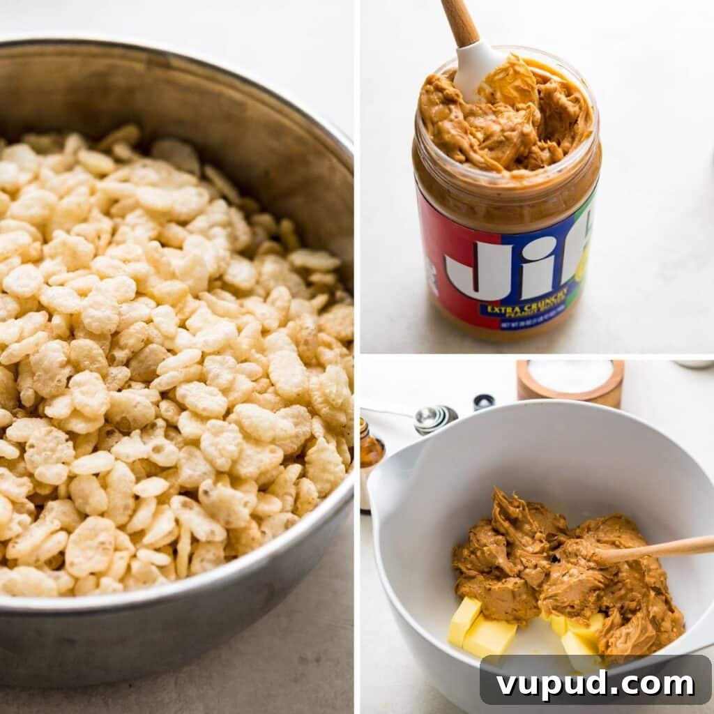 No-Bake Peanut Butter Rice Krispie Balls Dipped in Dark Chocolate 3 Rice Krispies in a bowl with a jar of peanut butter.