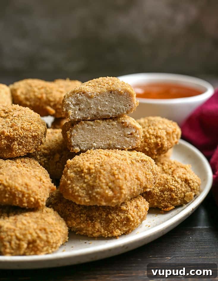 Crispy Gluten-Free Chicken Nuggets Recipe for Kids and Adults 3 a plate of paleo chicken nuggets with one cut in half and the center showing