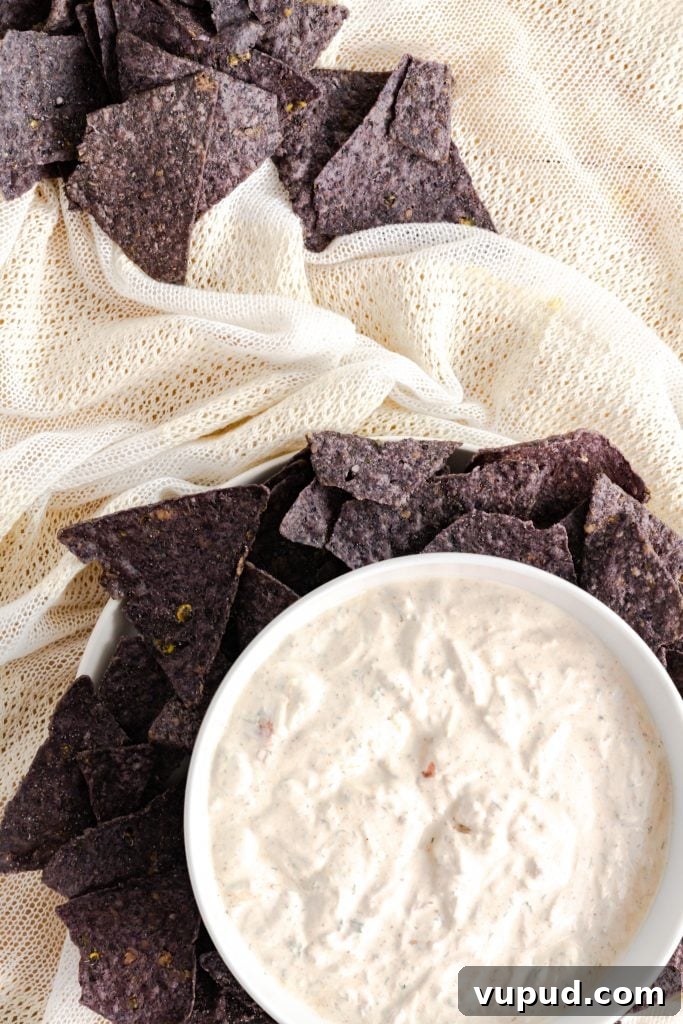 Creamy Mexican Sour Cream Dip Recipe for Parties 2 Mexican style sour cream dip surrounded by blue corn tortilla chips.