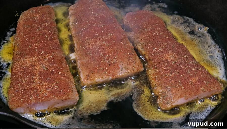 Blackened Mahi Mahi Fish Tacos — 30-Minute Dinner Recipe 7 searing the filets in a cast-iron skillet for the blackened mahi-mahi fish tacos