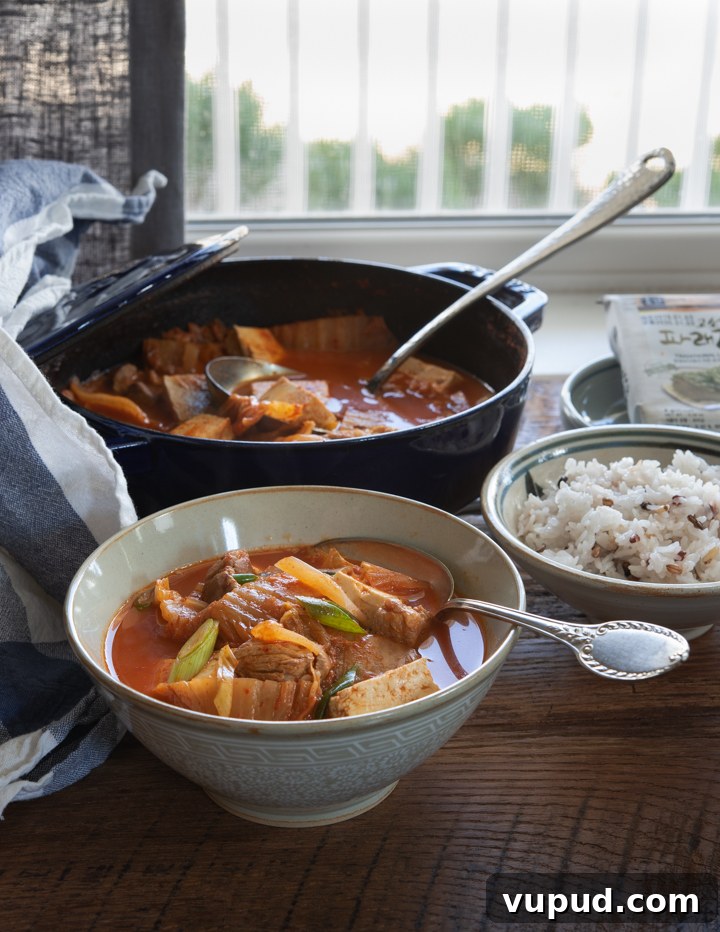 Tomato Kimchi Stew Recipe: Savory Korean Tomato-Kimchi Jjigae 4 A bowl of kimchi stew served next to rice.