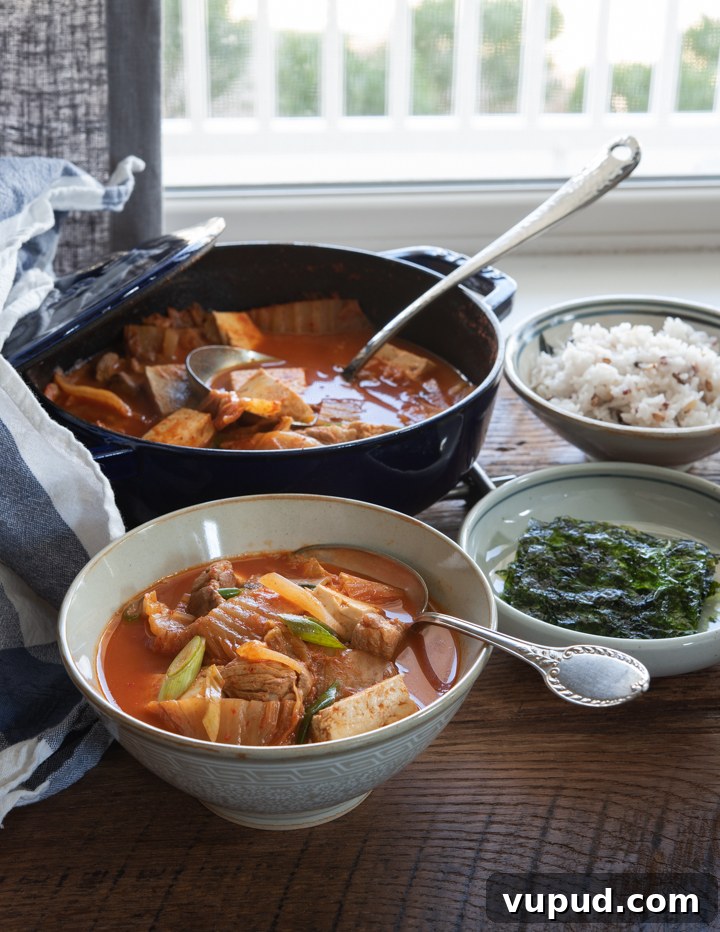 Tomato Kimchi Stew Recipe: Savory Korean Tomato-Kimchi Jjigae 10 A bowl of tomato kimchi jjigae with rice and seaweed.