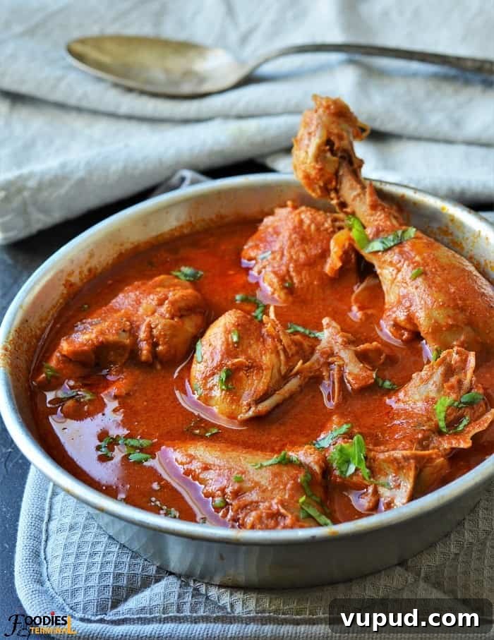 Oil-Free Indian Chicken Curry Recipe: Moist, Low-Fat Curry 3 Oil free chicken curry in an aluminum bowl