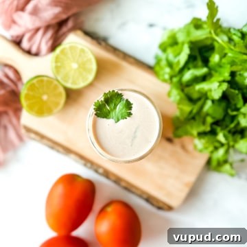 Overhead shot of creamy salsa dressing in a glass jar surrounded by cilantro, fresh tomatoes, and a halved lime.