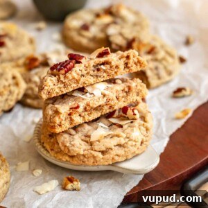 Chewy Coconut Pecan Cookies Recipe for Crispy Edges and Gooey Center 18 A stack of coconut pecan cookies. The top two are broken in half.