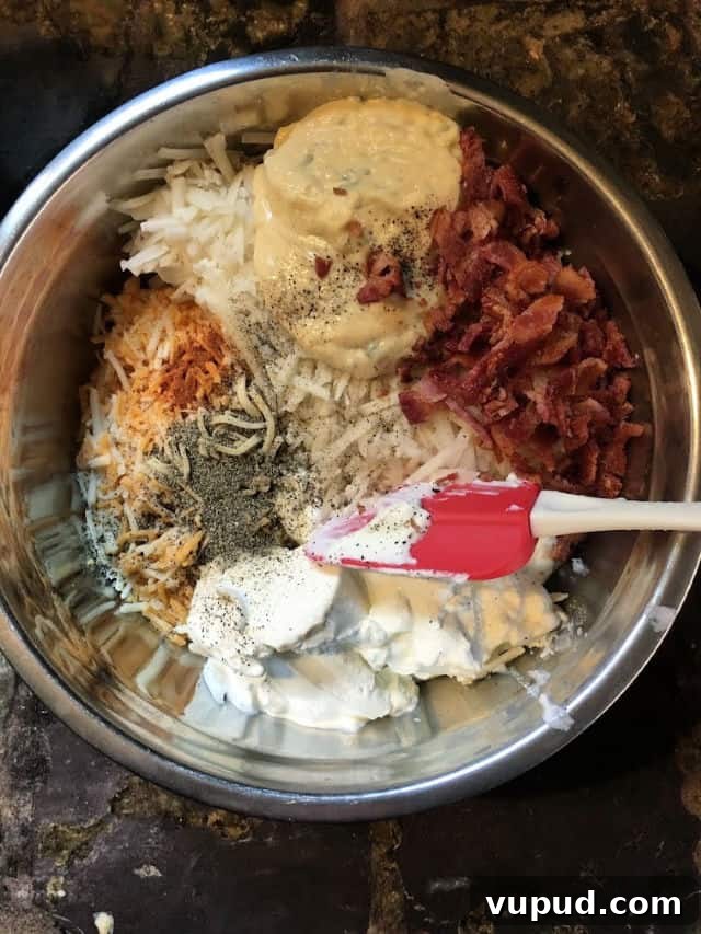 Cheesy Hashbrown Casserole with Crispy Bacon Topping 3 bowl of the ingredients for hashbrown casserole