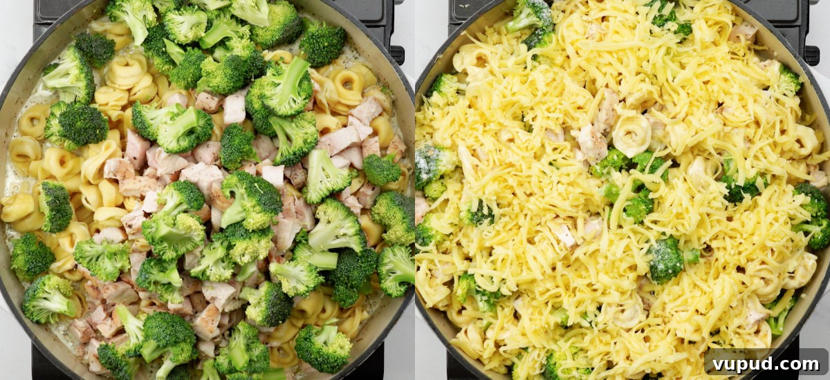 Cheesy Baked Chicken Tortellini Casserole Recipe 6 1. Mix in the chicken pieces and broccoli florets.
2. Load up with mozzarella cheese.