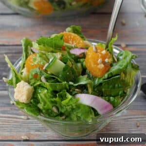 Zesty Mandarin Orange Salad Recipe with Citrus Vinaigrette 15 Mandarin Orange salad in a small glass bowl with a fork