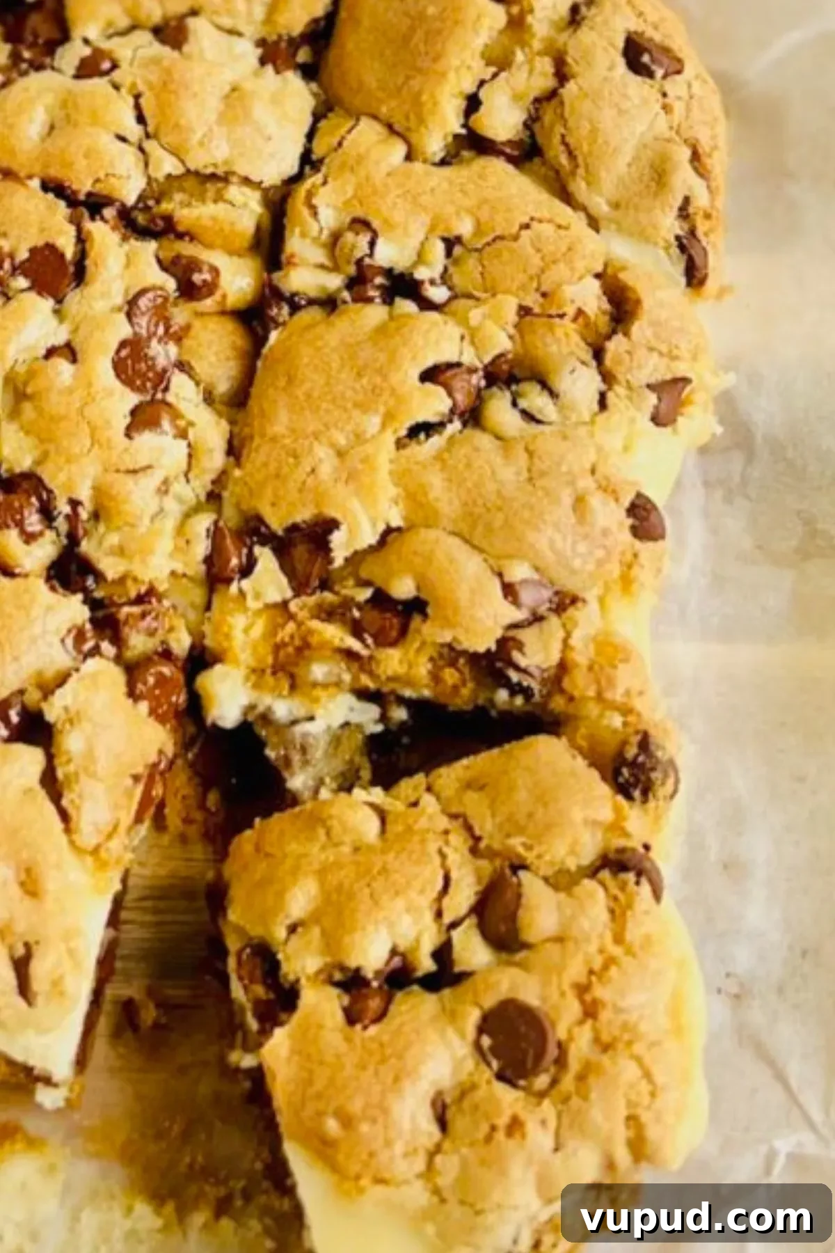 Chewy Chocolate Chip Cream Cheese Bars Recipe 7 A few cut up Chocolate Chip Cream Cheese Dessert Bars.