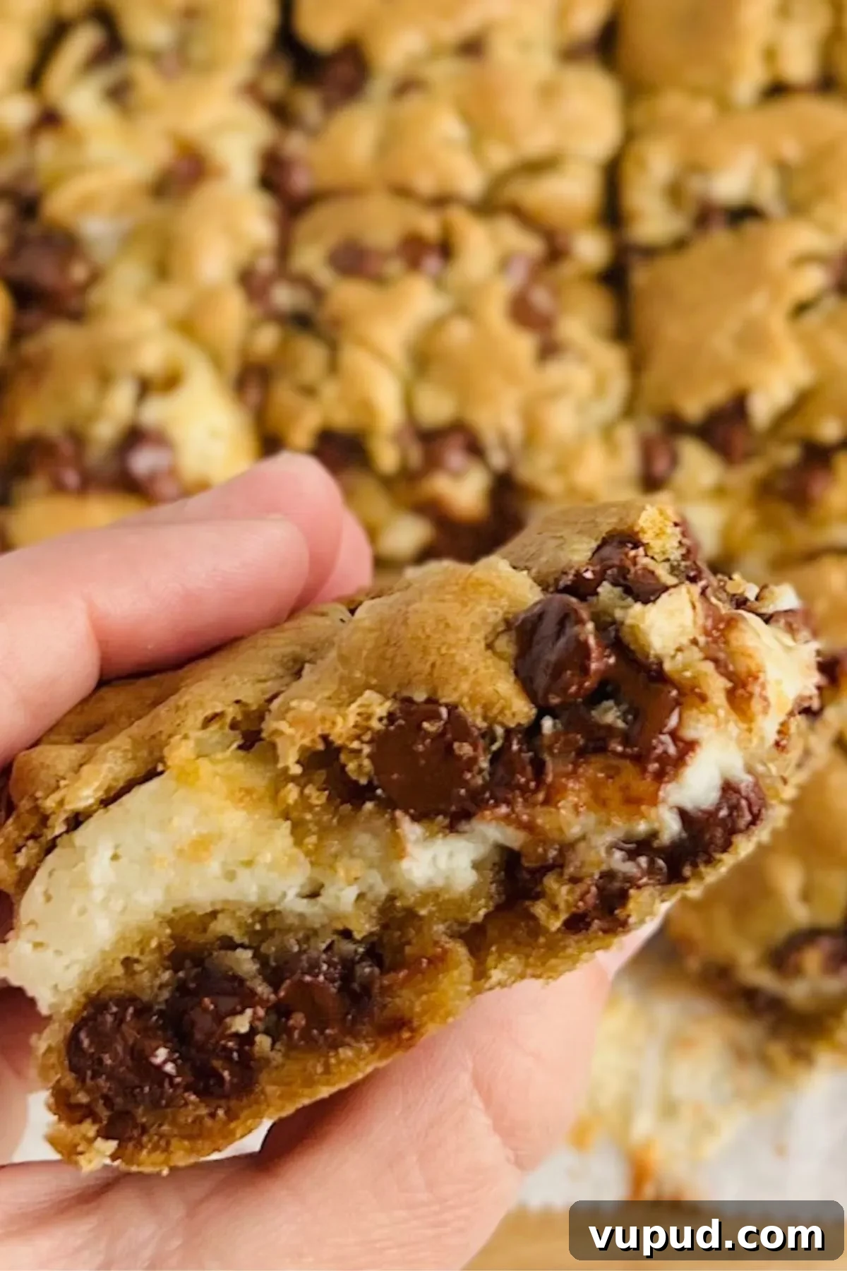 Chewy Chocolate Chip Cream Cheese Bars Recipe 8 Looking down on a hand holding a Chocolate Chip Cream Cheese Bar.