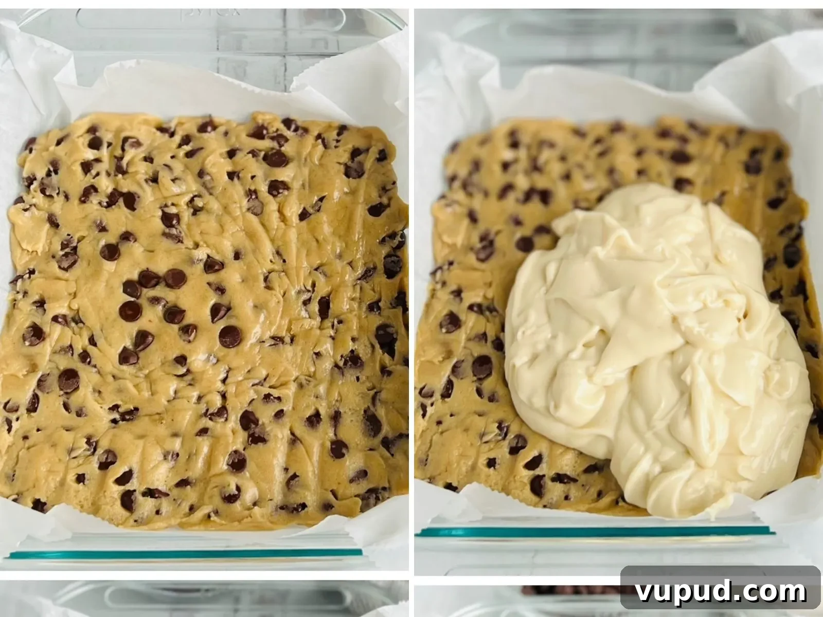 Chewy Chocolate Chip Cream Cheese Bars Recipe 4 A pan with chocolate chip cookie dough and a pan with cream cheese filling on top of cookie dough.