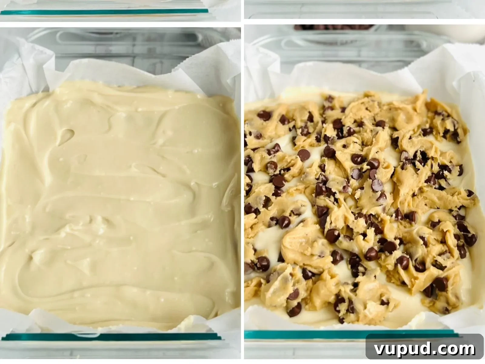 Chewy Chocolate Chip Cream Cheese Bars Recipe 5 A pan with cream cheese filling on top of cookie dough and gobs of cookie dough on top of cream cheese filling.
