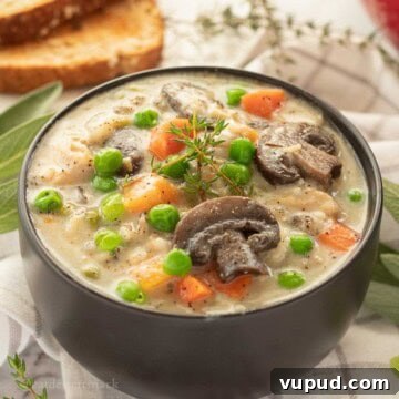 Creamy Chicken and Wild Rice Soup Recipe for Cozy Comfort 13 Bowl of creamy chicken wild rice soup with herbs.