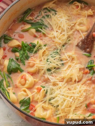 Tortellini white bean tomato soup in pot with spinach and cheese.