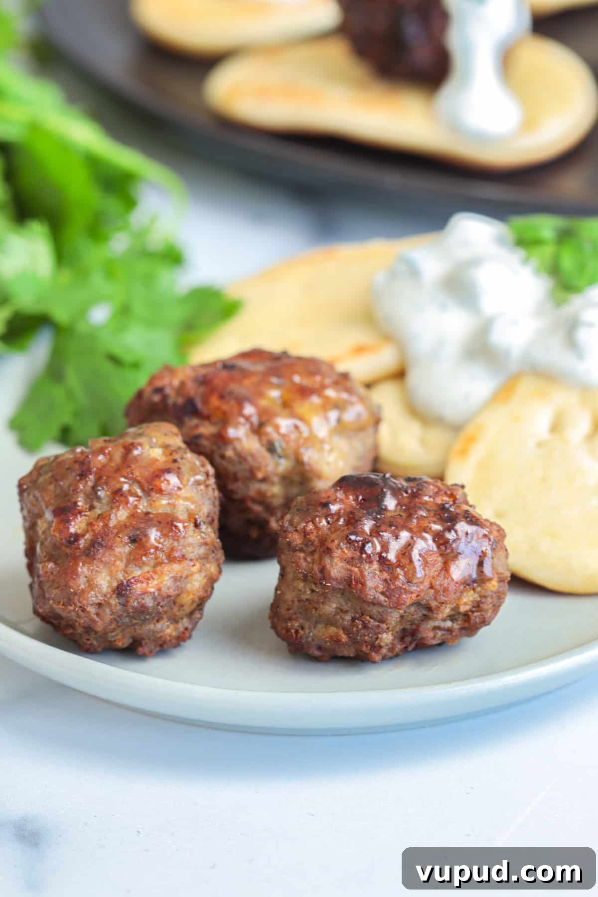 Greek Lamb Meatballs with Tzatziki Sauce Recipe 2 Lamb meatballs on plate.