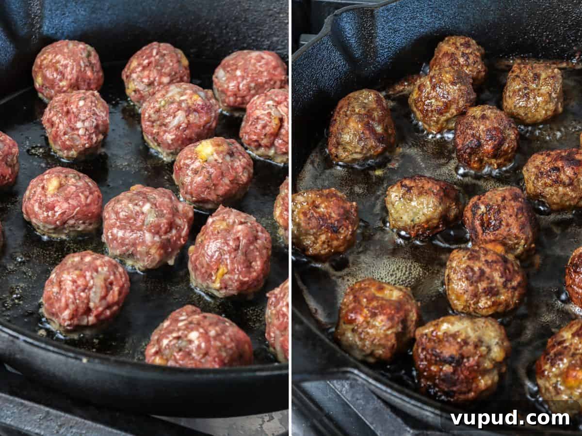Greek Lamb Meatballs with Tzatziki Sauce Recipe 5 Frying lamb meatballs in skillet.
