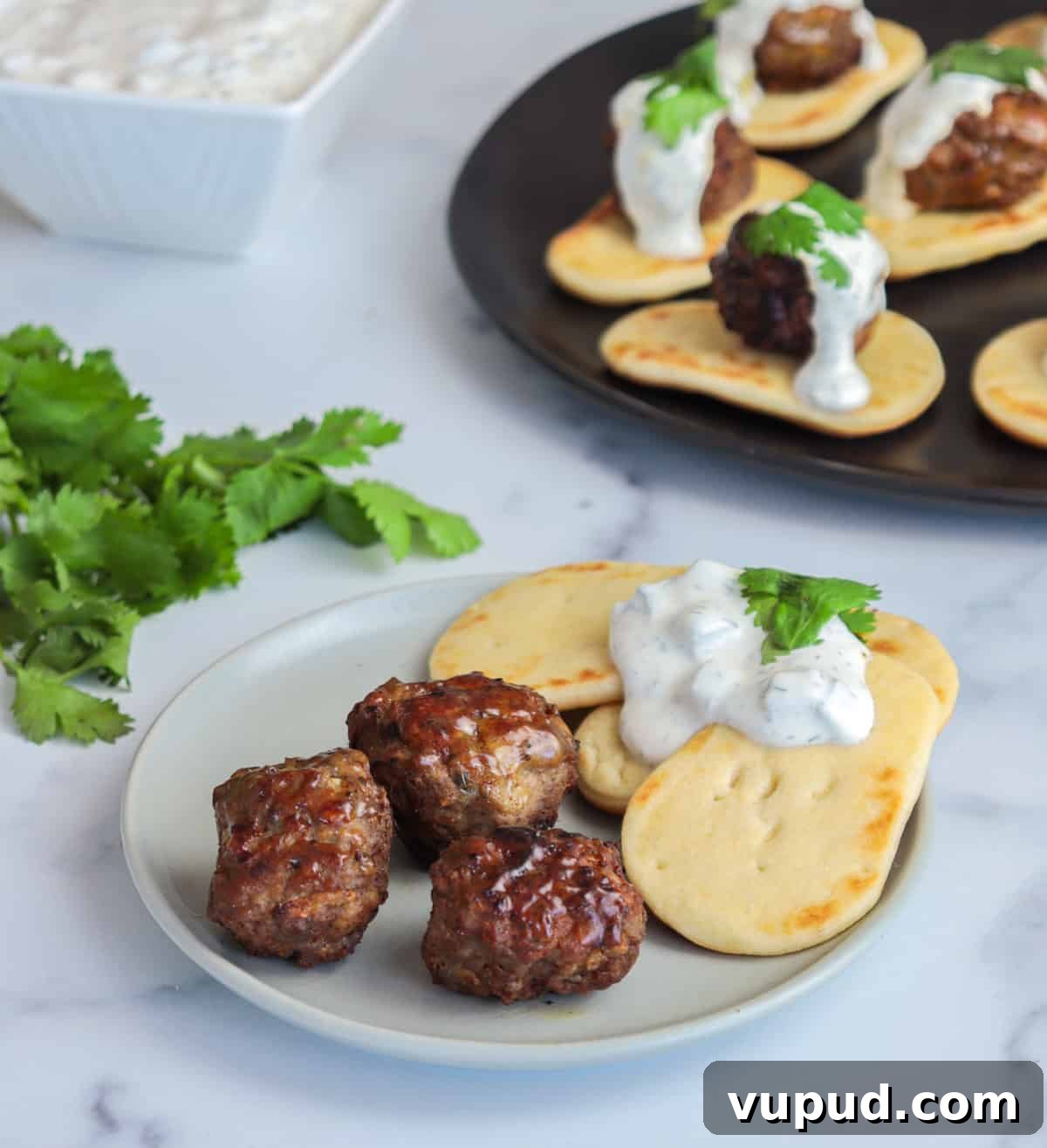 Greek Lamb Meatballs with Tzatziki Sauce Recipe 6 Lamb meatballs with bread and sauce on the side.