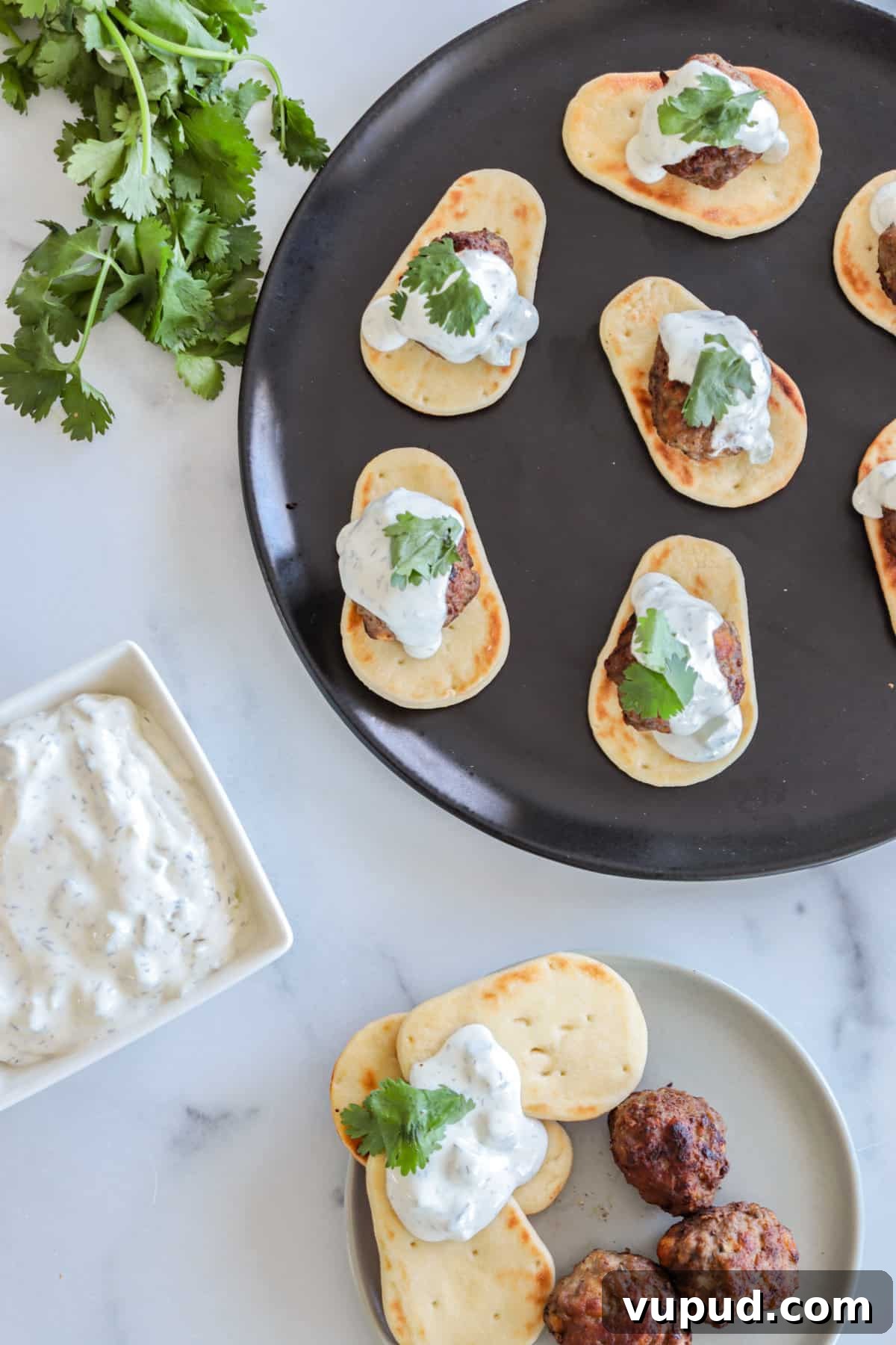 Greek Lamb Meatballs with Tzatziki Sauce Recipe 8 Overhead shot of lamb meatballs with tzatziki sauce.