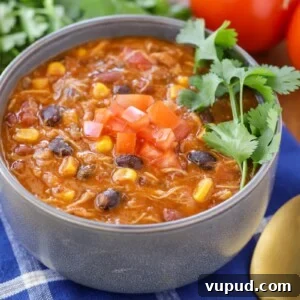 Bowl of chicken taco soup.