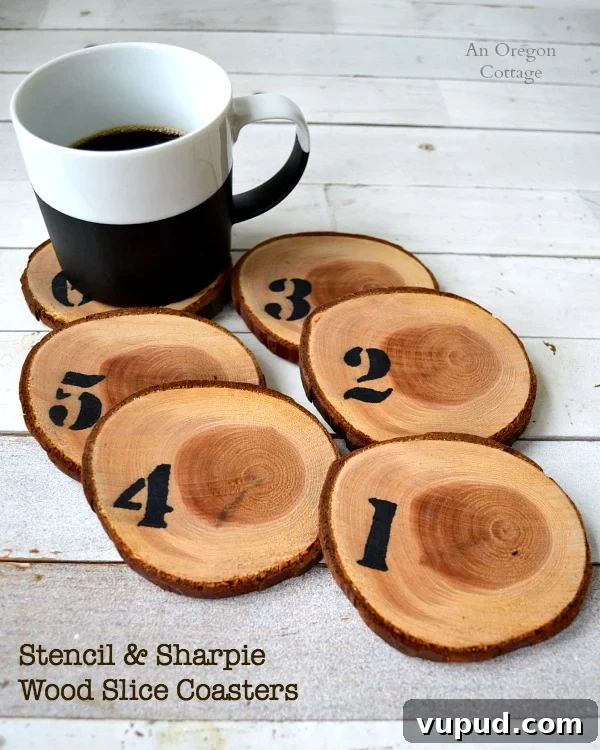 DIY Numbered Wood Slice Coasters — Sharpie Craft Tutorial 6 Number Stencil & Sharpie Wood Slice Coasters - easy & inexpensive decor or gift