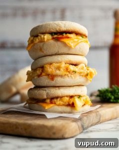 Scrambled Egg Sandwich 3 sandwiches stacked on each other on wooden board with muffins, chives and hot sauce blurred in background