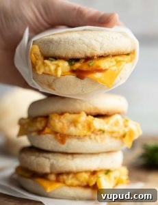 Scrambled Egg Sandwich hand holding sandwich above two other stacked sandwiches on wooden board