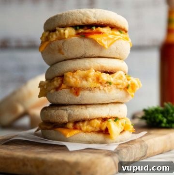 Fluffy Scrambled Egg Sandwich Recipe for Quick Breakfasts 2 3 sandwiches stacked on each other on wooden board with muffins, chives and hot sauce blurred in background