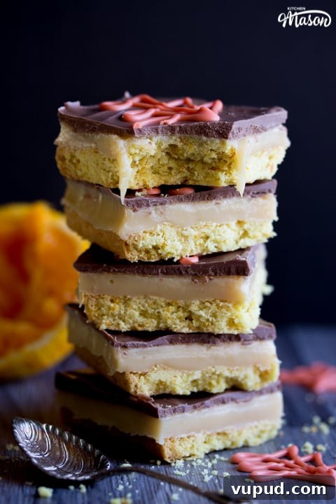 Chocolate Orange Caramel Shortbread Recipe — Zesty Caramel Slice 2 Chocolate Orange Caramel Shortbread in a stack