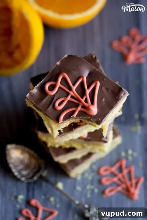 Chocolate Orange Caramel Shortbread Recipe — Zesty Caramel Slice 3 Chocolate Orange Caramel Shortbread in a stack