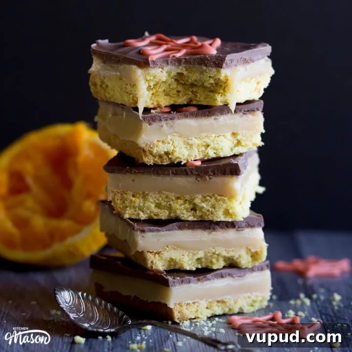 Chocolate Orange Caramel Shortbread in a stack