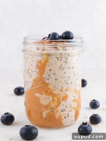 Side shot of a glass jar of overnight oats decorated with some blueberries