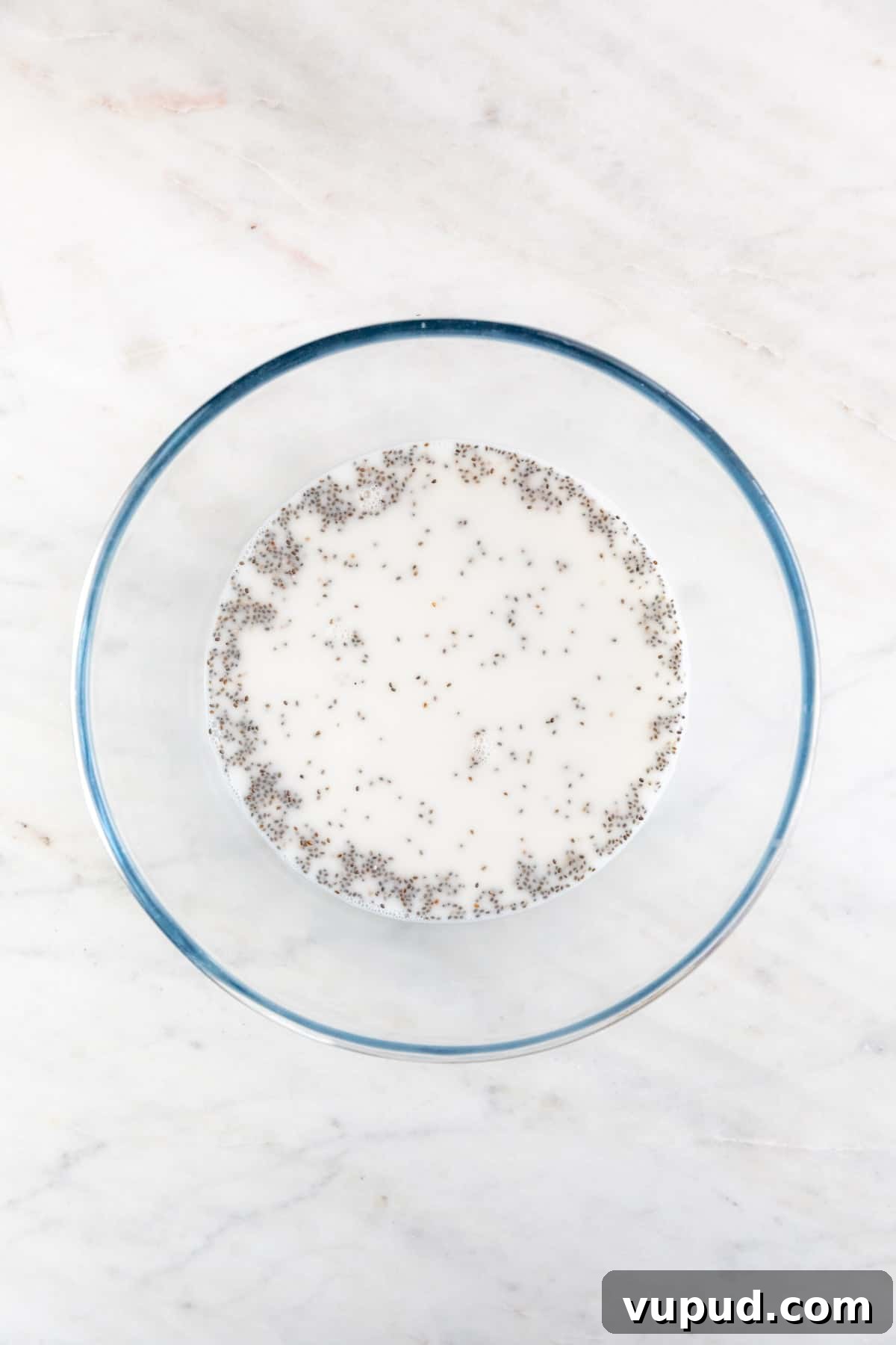 4-Ingredient Chia Pudding Recipe: Creamy, Quick Breakfast 5 A large mixing bowl with the wet ingredients and the chia seeds mixed.