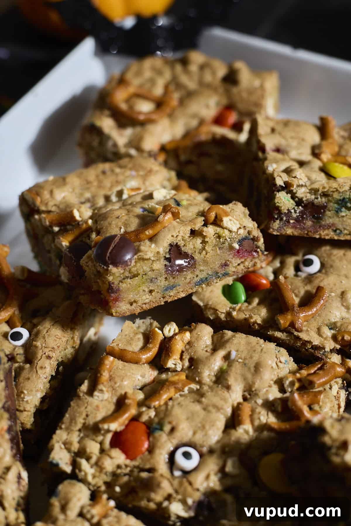 Halloween Sourdough Discard Kitchen Sink Cookie Bars 10 The interior of a sliced cookie bar.