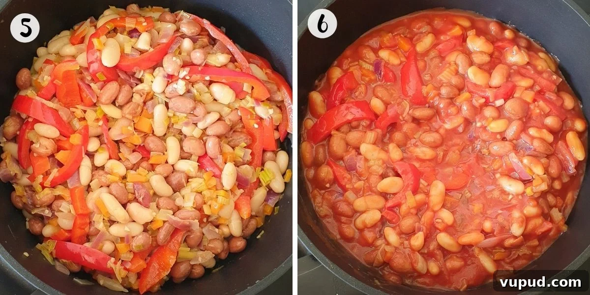 Hearty Tuscan White Bean Stew with Herbs and Olive Oil 6 Add beans and passata and cook